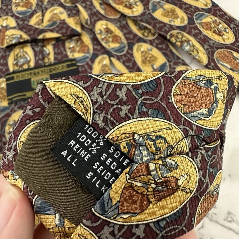 Kieselstein Cord Mens Vintage 90s Silk Neck Tie Tan Brown Knights Royalty Italy - Picture 7 of 7